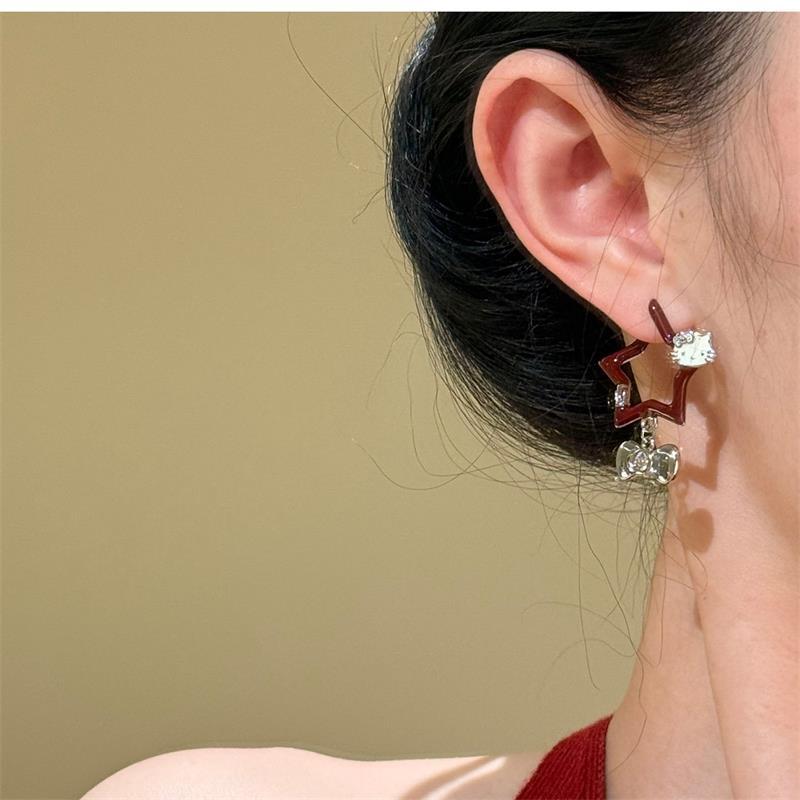 

1Pair Cute Sanrio Hello Kitty Hollow Star Bow Earrings Valentine S Day Gifts Women Accessories Kt Cat Eardrop Dangler