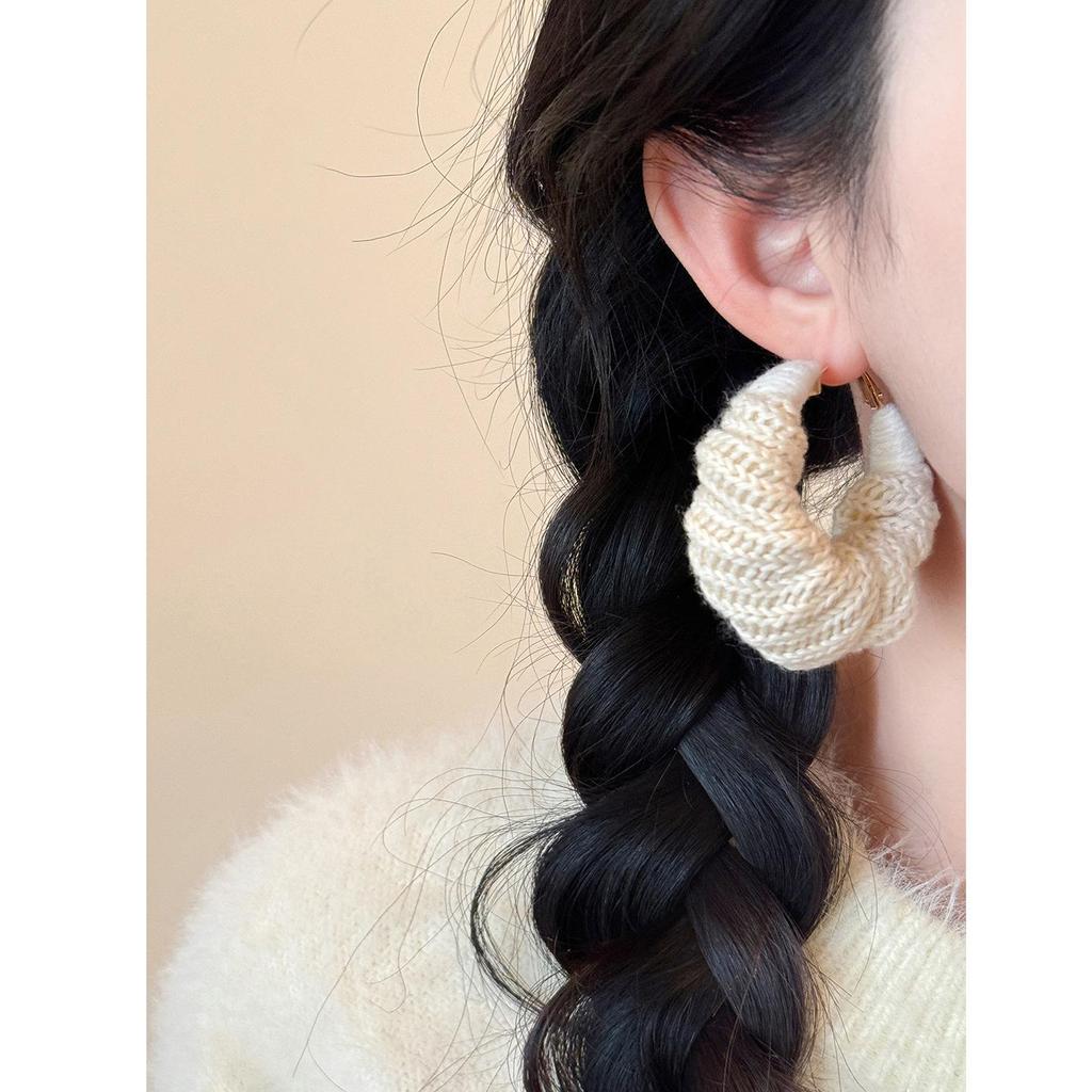 High-End Silver Needle Wool Knitted Round Hoop Earrings - Simple, Versatile, Retro Style for Women