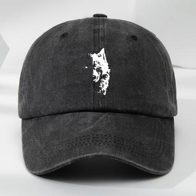 Heren Verstelbare Zwarte Baseballpet met Witte Wolfskop Silhouet Print Casual Buiten Sportpet Polyester