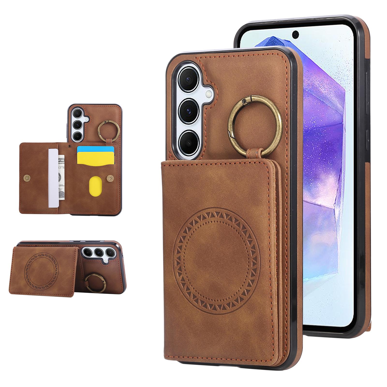 

For Samsung Galaxy S24 FE Case Card Holder Kickstand Leather+TPU Phone Cover with Ring Holder Brown