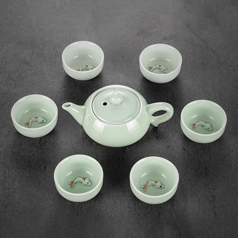 High quality Kung Fu Tea set,longquan celadon fish tea set ceramic teapot kettle ceramic Teaware teacup fish tea set drinkware