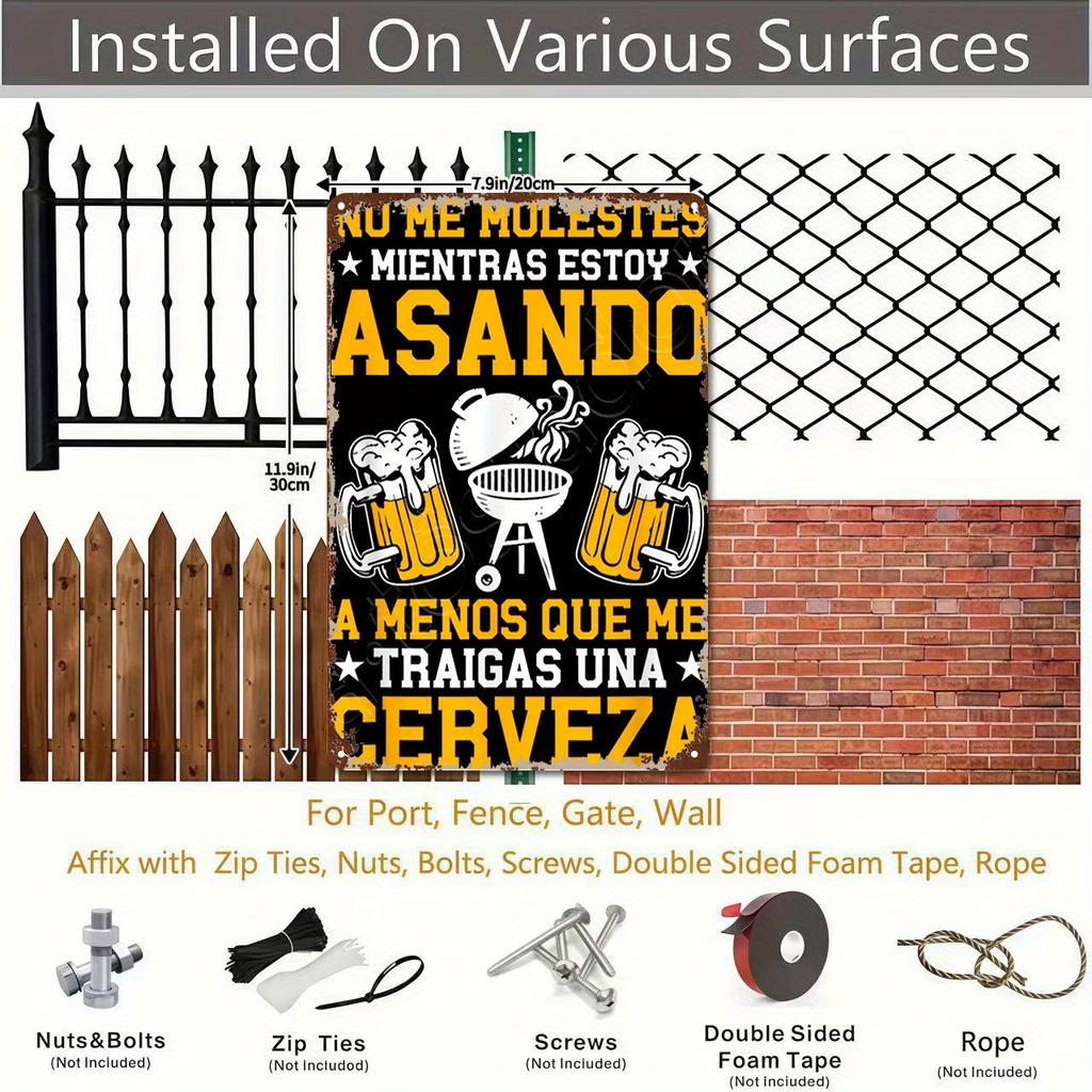 1pc Funny Spanish BBQ Party Metal Poster - Heavy-Duty Iron Construction - Vintage Grill Decor with Beer Mug & BBQ Grill Design