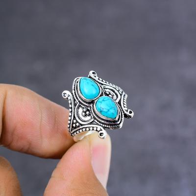 Anel de joia de prata esterlina 925 feito à mão com pedra preciosa turquesa natural tamanho 7 H4w30