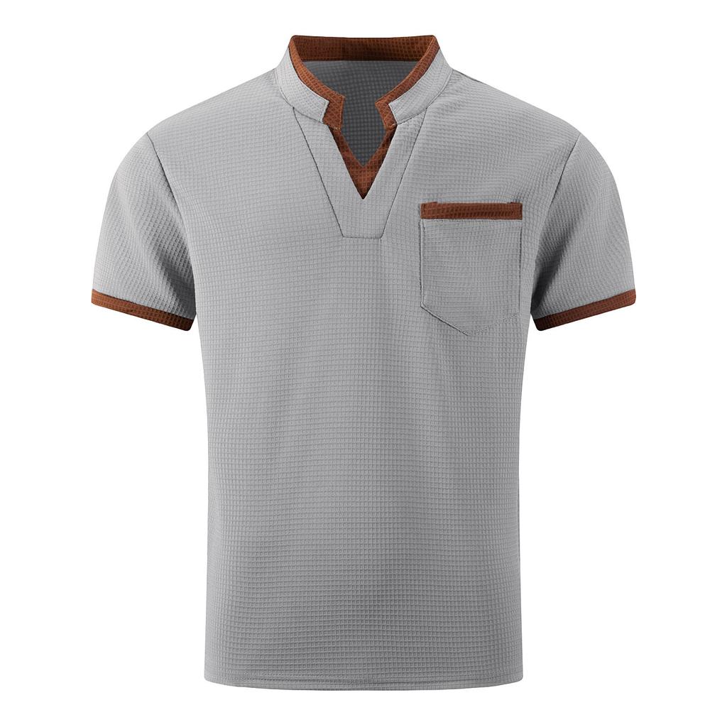 Men's Color Blocked V-neck Single Breasted Shirt  Men's Casual And Comfortable Short Sleeved Shirt