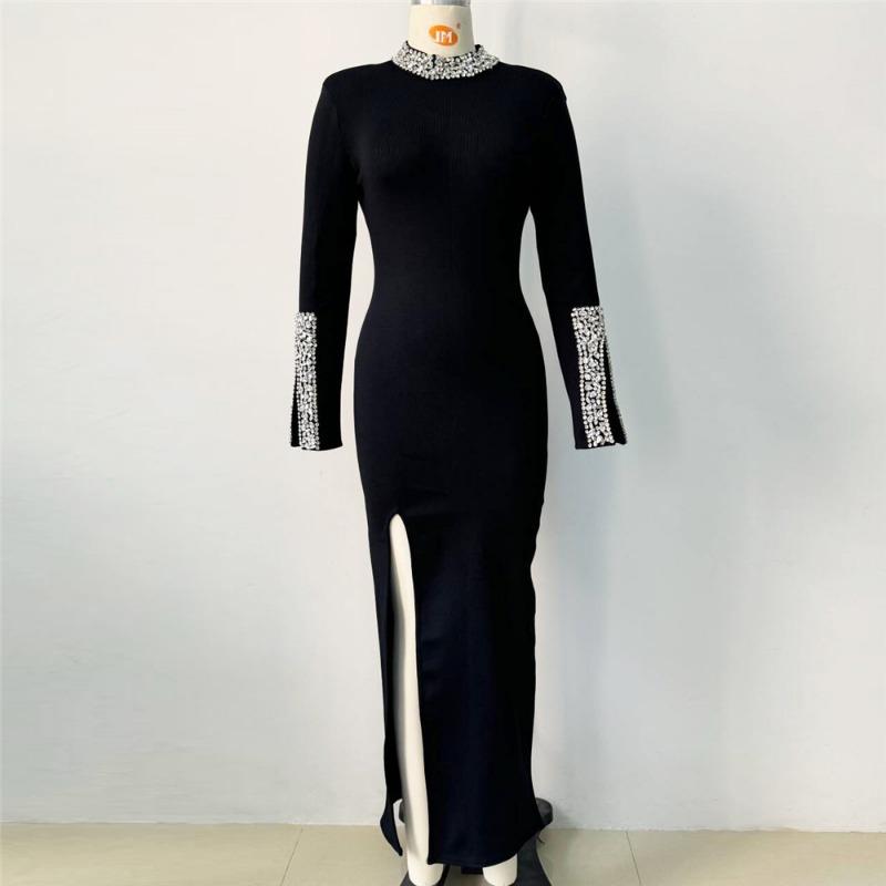 Retro elegance bandage long skirt slim slim women's high-end black bandage nail diamond banquet birthday company