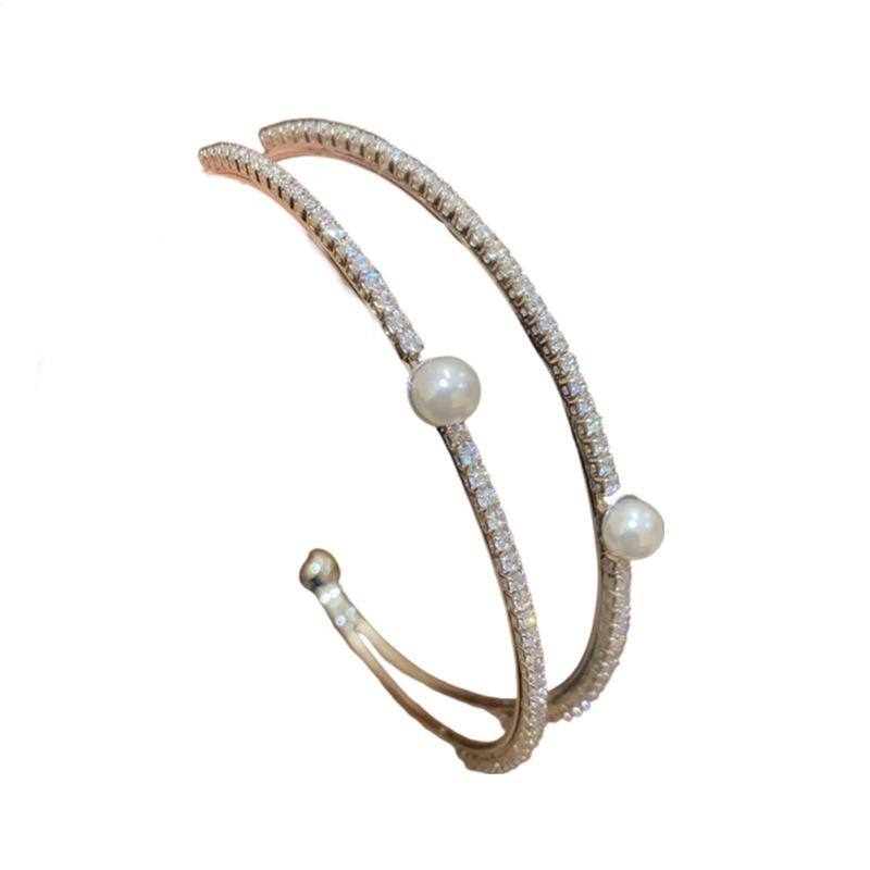 Korean Style Elegant Multi-Layer Pearl & Cubic Zirconia Open Bangle Bracelet