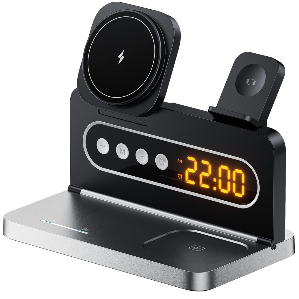 5-in-1 Magnetic Wireless Charger with Phone Stand, Magnetic Wireless Watch Charger, Magnetic Wireless Earphone Charger, and Digital Alarm Clock