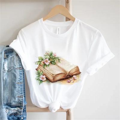 Beautiful Book Cartoon Flower Pattern Printed Women's Basic New T-Shirt Casual Short Sleeve Top 90s Street White Clothing