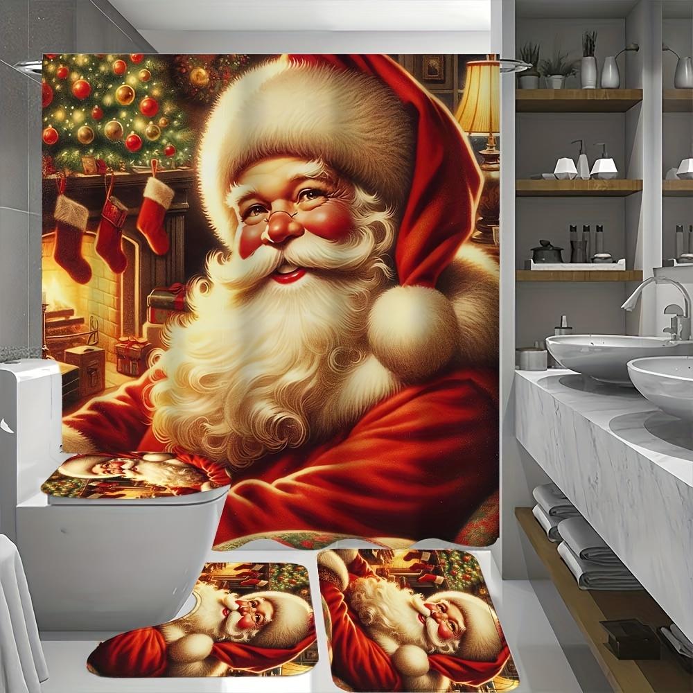 4Pcs Bathroom Shower Curtain Set Santa Claus  Bathroom Curtain With 12 Hooks Non Slip Rugs Toilet Cover Mat Bathroom Partition