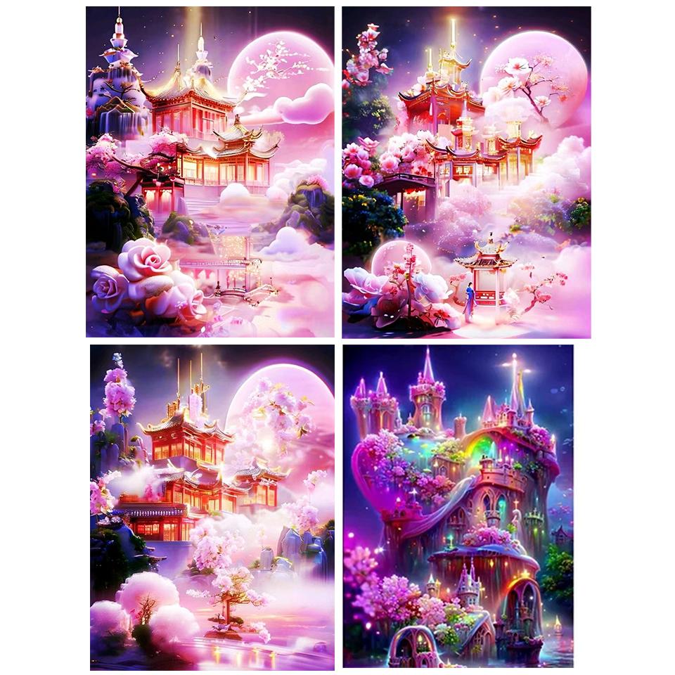 Diamond Painting Pink Castle Flower Landscape Cross Embroidery Castle 5DDIY Artist Living Wall Decoration Christmas Gift