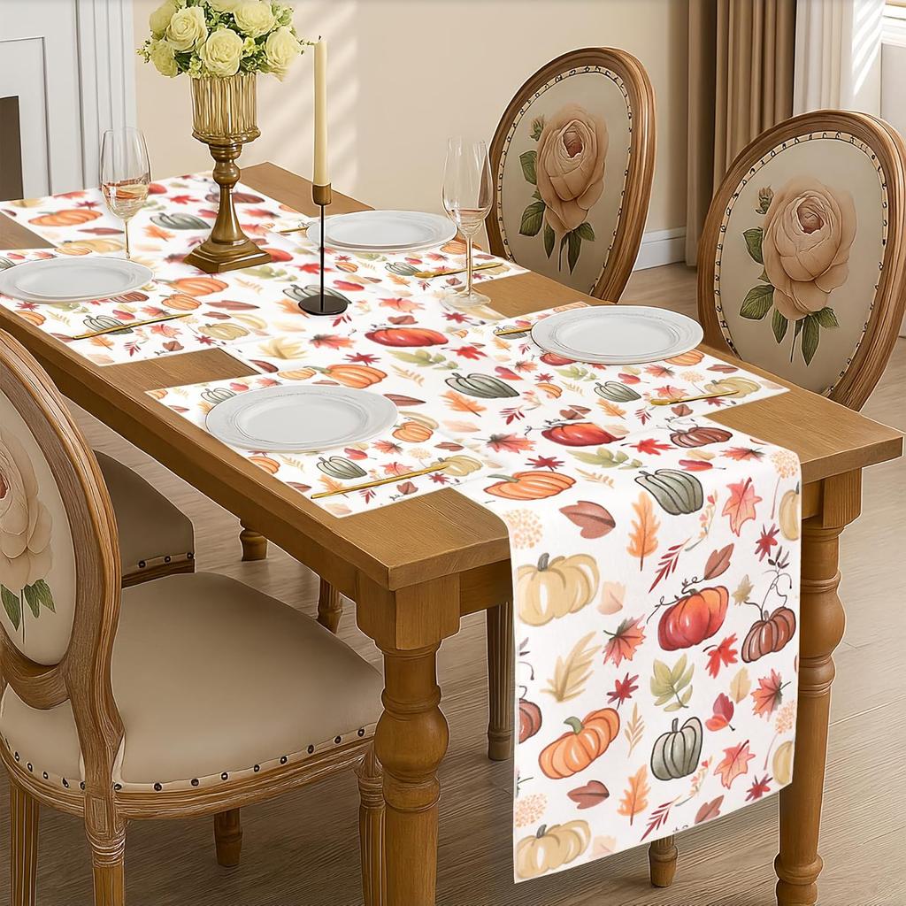 OWENIE Fall Table Runner for Kitchen Dining Table, Thanksgiving Autumn Printed Harvest Pumpk Maple Leaves Textured Fabric Halloween Holiday Home