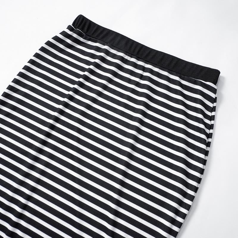 811 European-American Striped Backless Top & Slim Midi Skirt Set