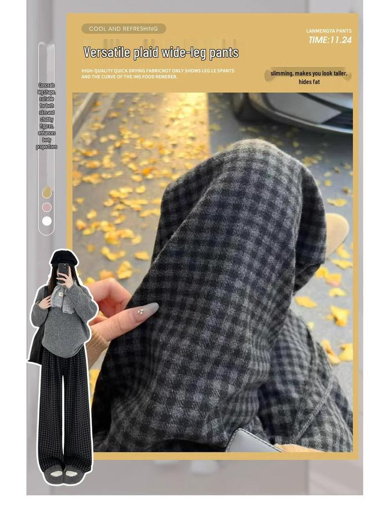 Petite Woolen Checkered Wide-Leg Pants for Women - Autumn/Winter 2025 