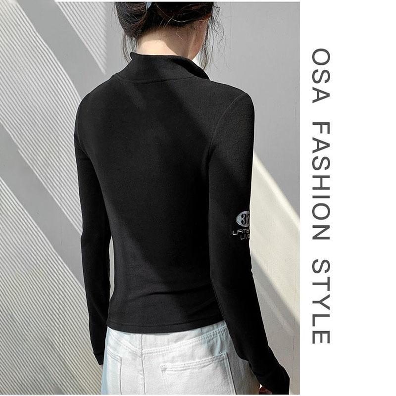 Women's Long-Sleeve T-Shirt Fall Sexy Slim Fit Stand Collar Zipper Double-Sided Fleece Base Shirt