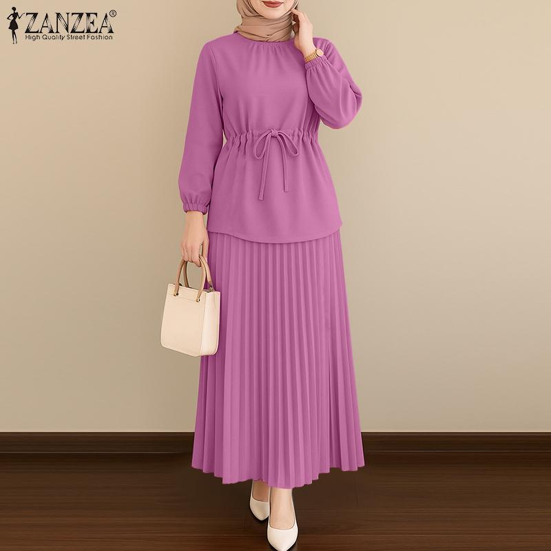 ZANZEA Women Long Sleeve Blouse and Long Skirts Muslim Two Piece Suit Sets
