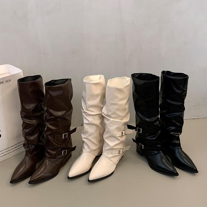 Retro thick heel pants boots pointed boots long boots women's 2025 new autumn and winter black stacking boots long knight boots