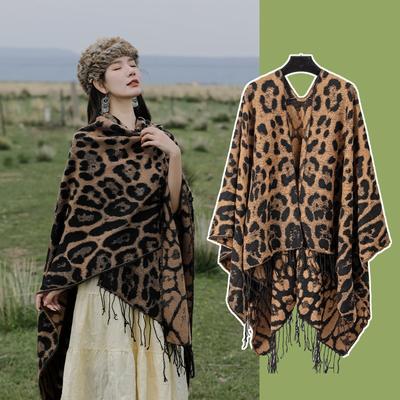 Leopard Print Split Towel Warm Fringed Shawl Thickened Windproof Cape Shawl Female Travel