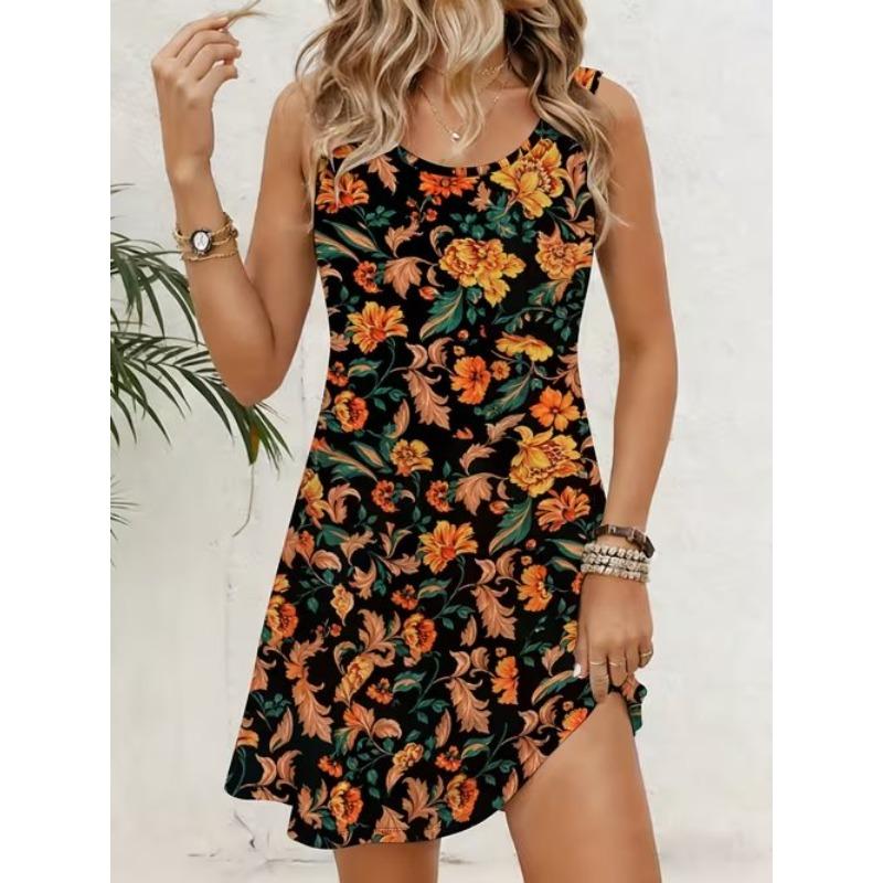 

Women s Floral Pattern Printed Sleeveless Round Neck Dress Loose Soft and Comfortable Plus Size Dress 8XL помаранчевий