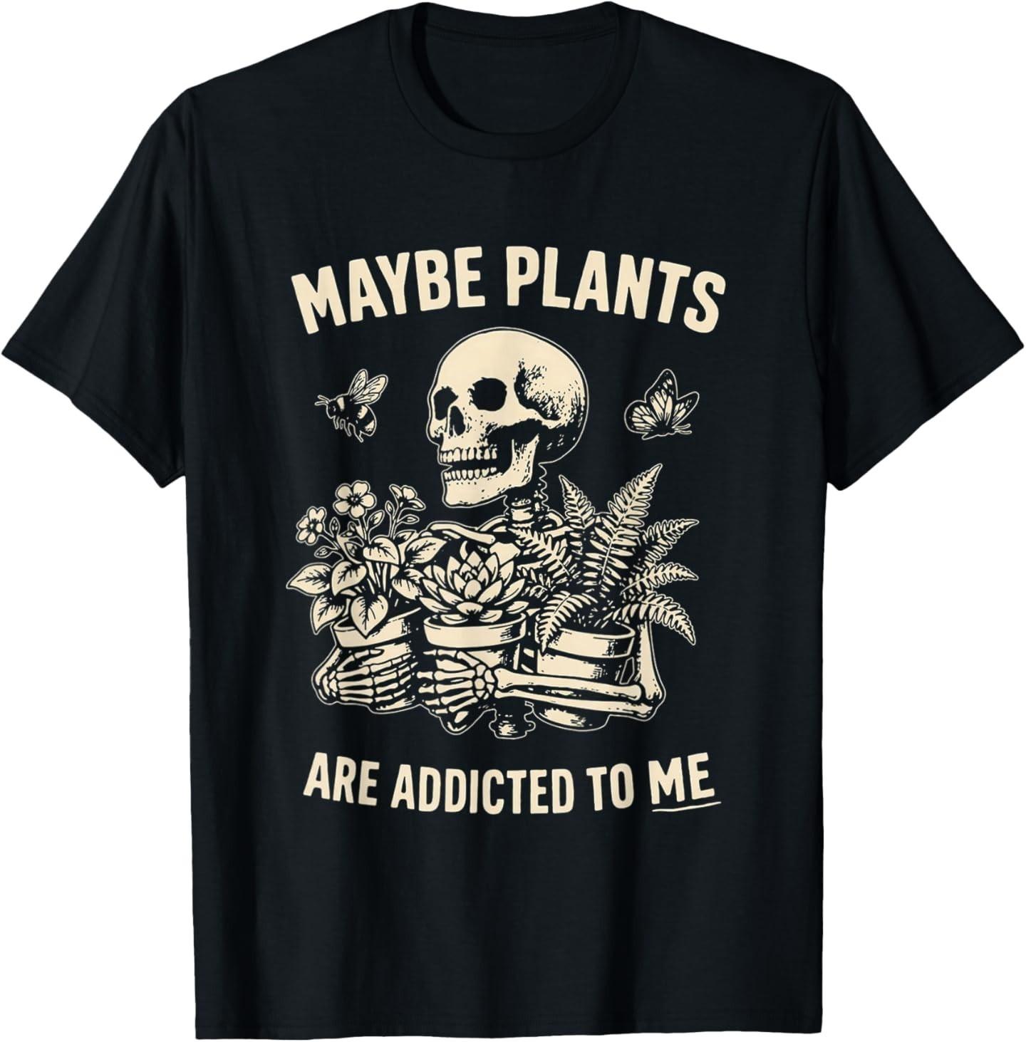 Maybe Plants are Addicted to Me Skeleton Gardener Retro T-Shirt S разноцветный