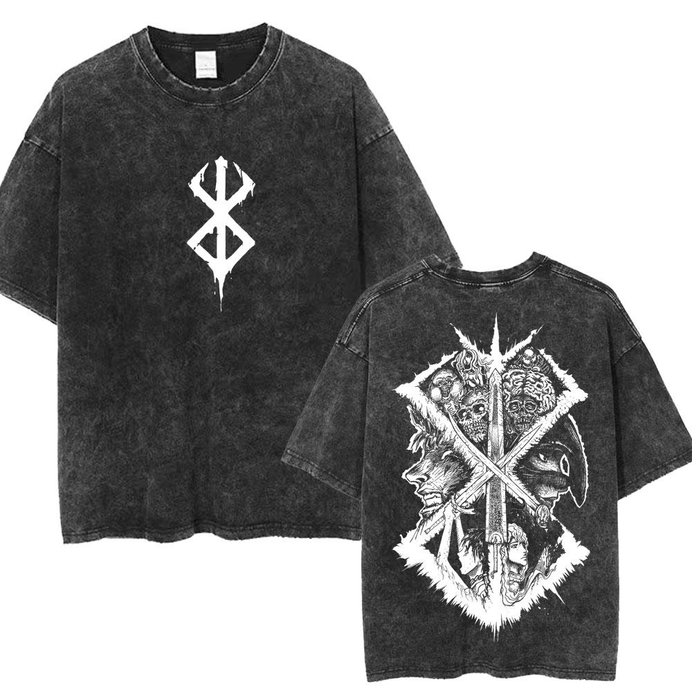 Vintage Washed Anime Berserk Guts T Shirt Swordsman Gatsu Sacrifice Zodd Harajuku TShirt Men Women Loose Cotton Tees Streetwear