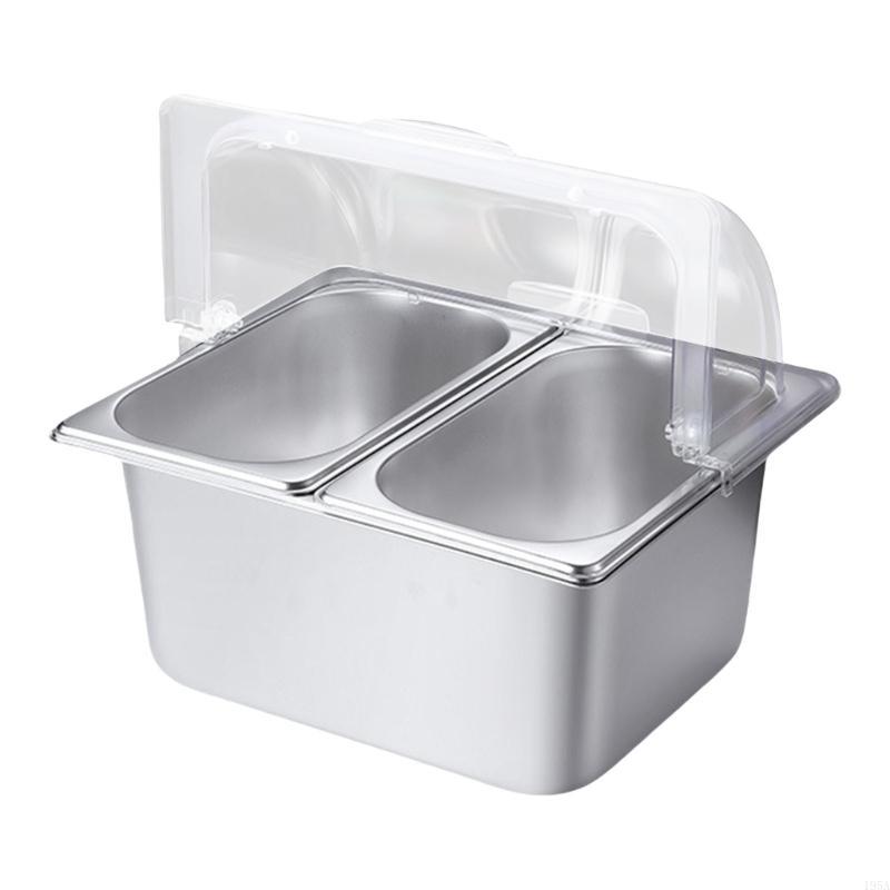 Stainless Steel 2 Compartment Buffet Tray with Clear Roll Top Lid for Restaurant Condiment Dispenser Food Display Pan