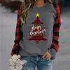 Women's Fashion Plaid Patchwork Christmas Print Round Neck Long Sleeve T-Shirt Top
