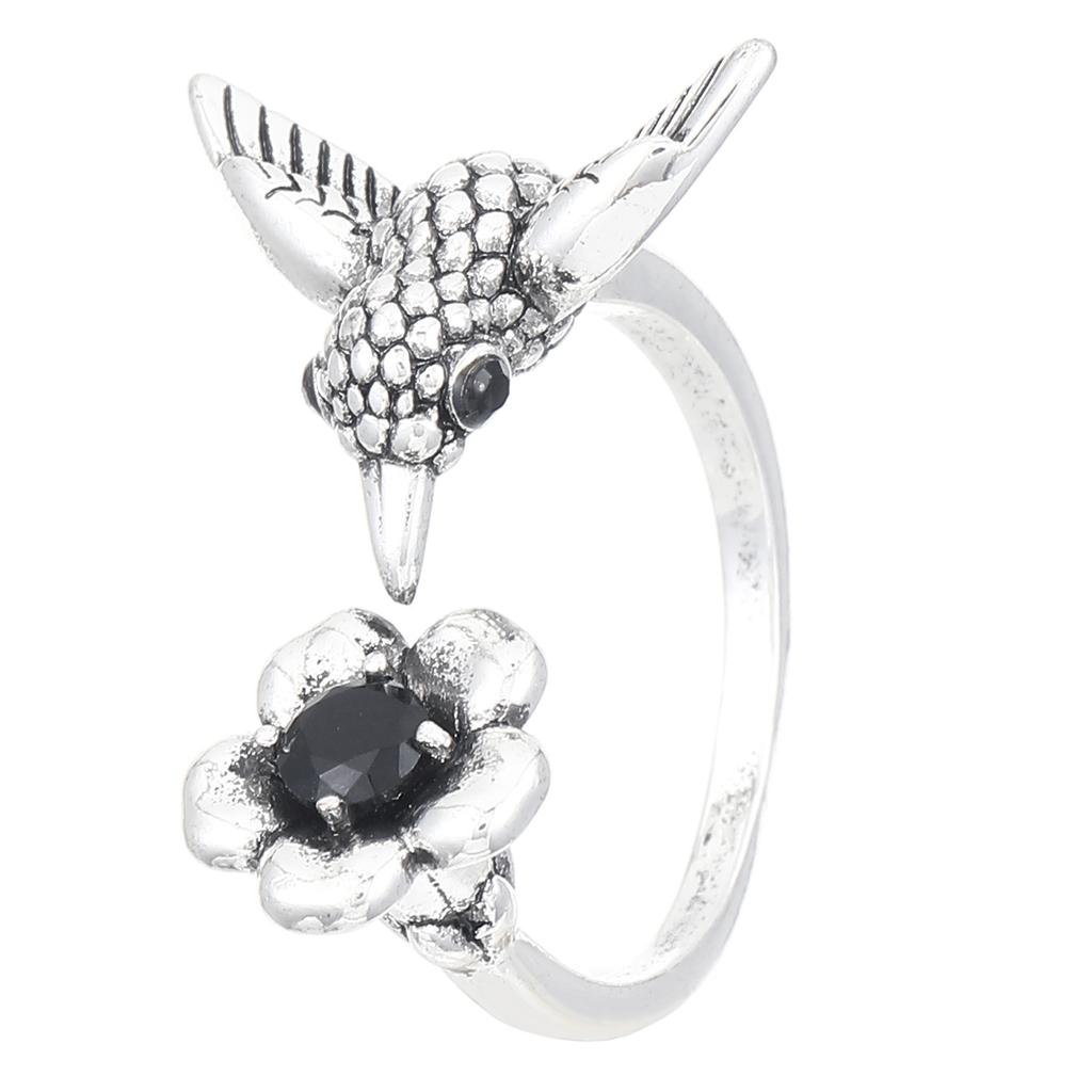 Hummingbird & Flower Open Ring Collection, Gold/Silver Tone Adjustable Gemstone Bird Rings for Women