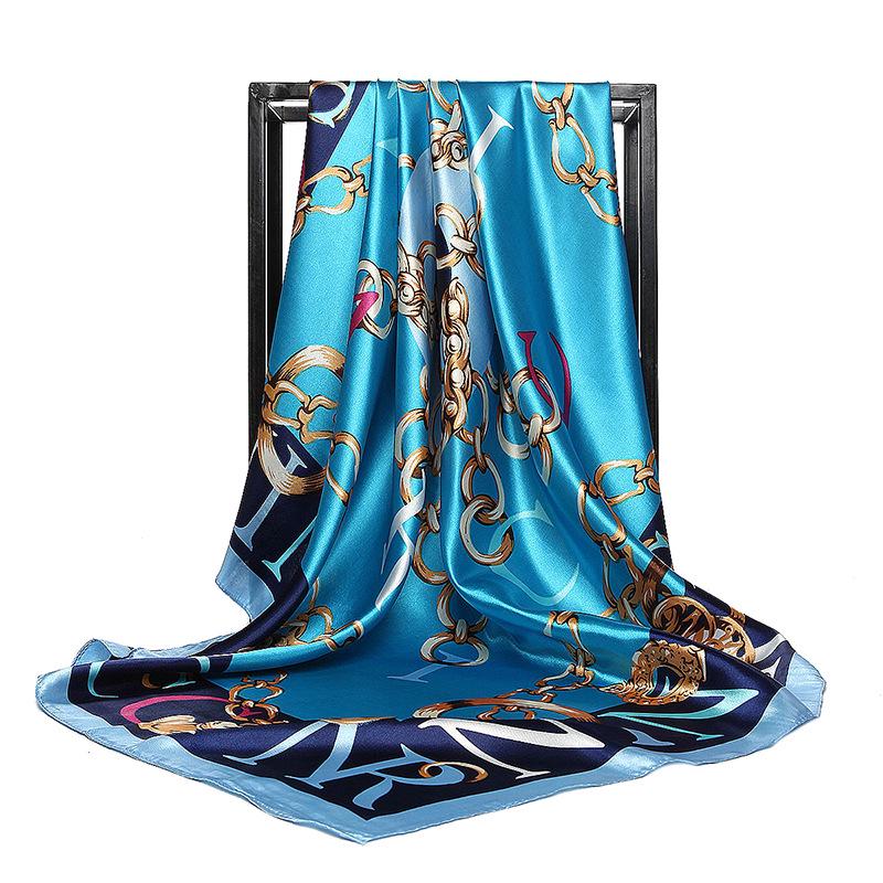 Luxury Women Silk Scarf Square Bandana Design Brand Headband Female Satin Hijab Large Shawl Wrap Lady Kerchief Chain Print New