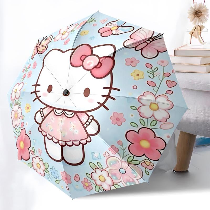 1pc Hello Kitty Floral Pattern Automatic Opening/Closing Umbrella - Portable Three-Fold Design with 8-Bone Iron Frame, Outdoor, Gift for Fans, Travele