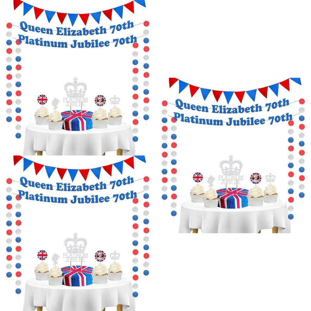 Elegantes Queen 70. Platin-Jubiläum Partyzubehör Set Wimpelkette Banner Caketopper Mehr!