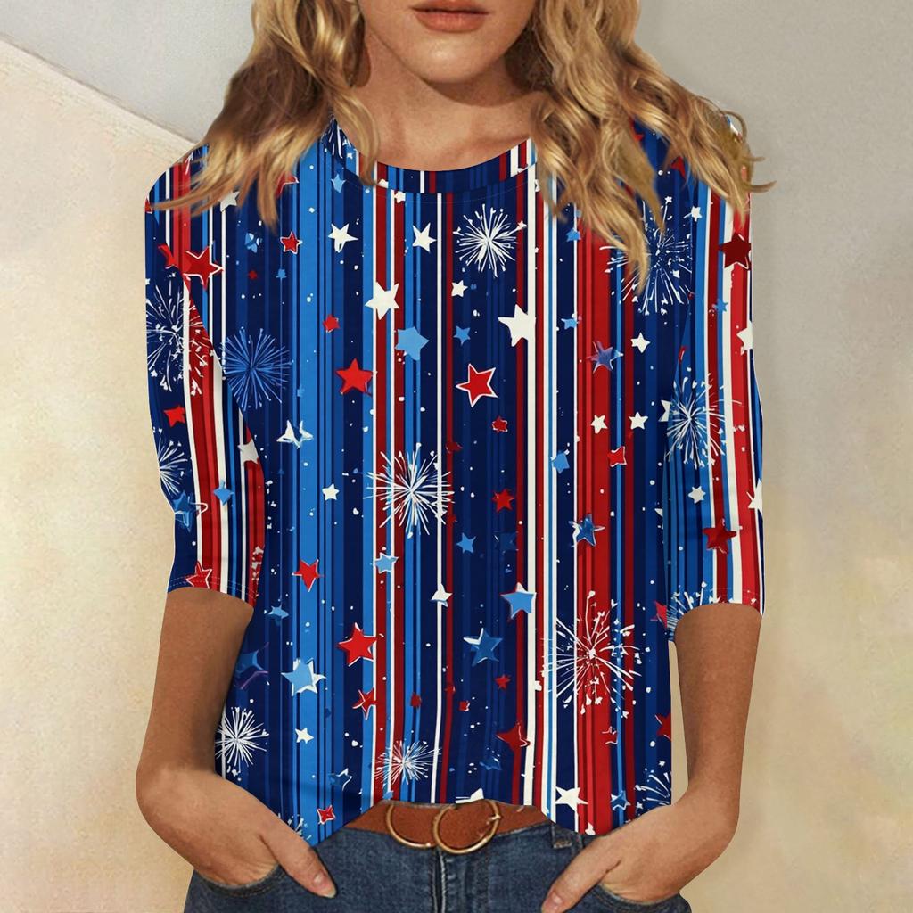 T-shirt Top Décontracté Tendance pour Femme Imprimé Drapeau Américain et Étoiles Fête de l'Indépendance Manches Trois-Quarts Col Rond