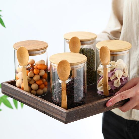 Glass Sealed Jar Transparent Glass Canister with Spoon Wooden Lid Food Storage Jar for Coffee Beans Spice Kitchen Supplies