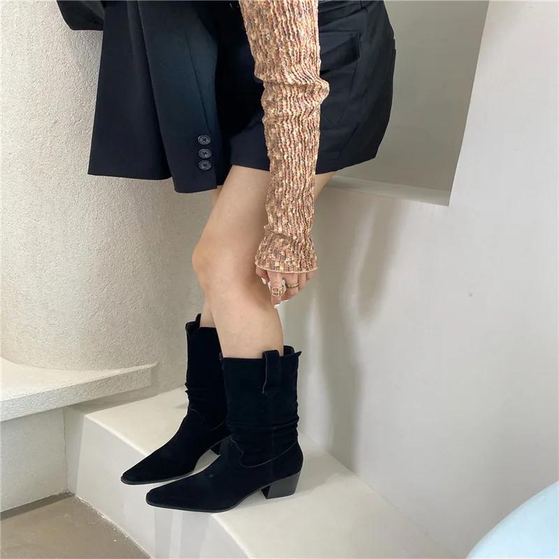 

Ботинки средней длины на высоком каблуке с острым носком, осенне-зимние женские ботинки «Челси», ковбойские ботинки на толстом каблуке 42