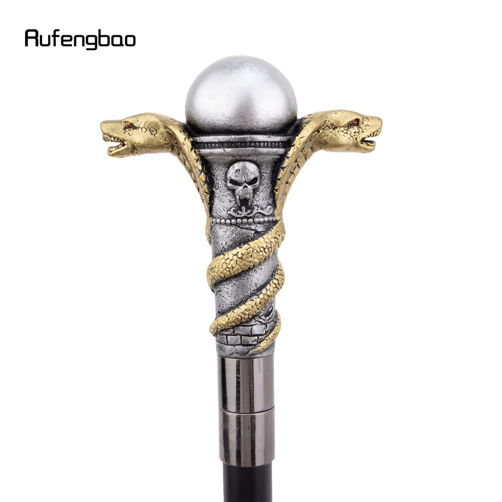 Golden Resin Double Snake Head Cobra Walking Cane Fashion Decorative Steel Stick Gentleman Elegant Cosplay Cane Crosier 94cm