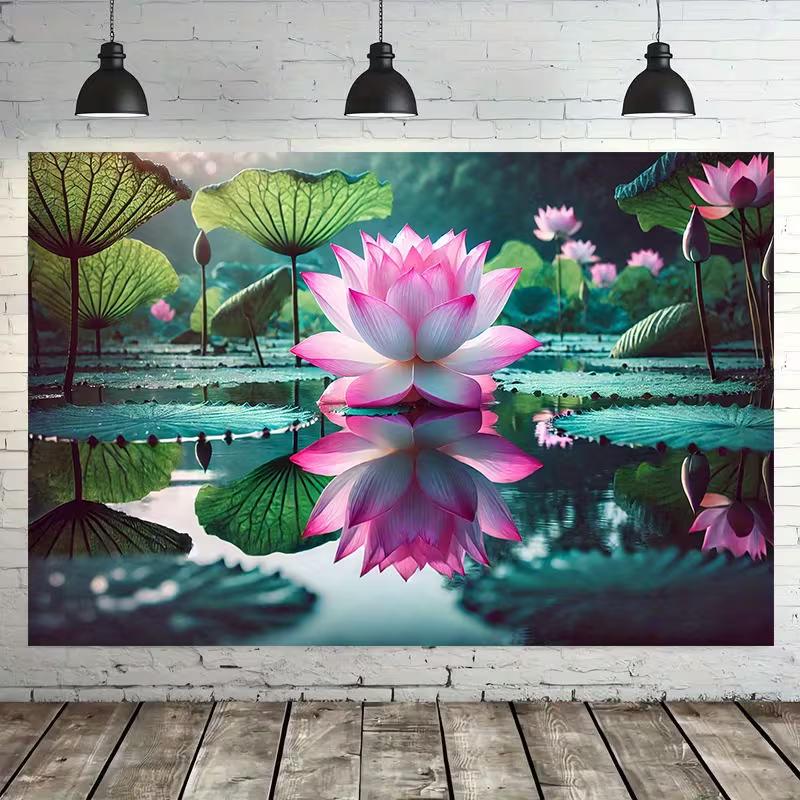 Pink Lotus Pond Tapestry, Water Lily Reflection Background Cloth, Zen Nature Wall Decor