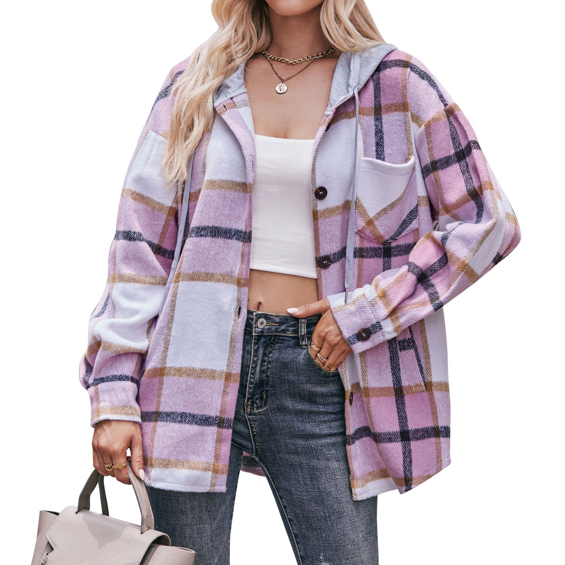 

Autumn and Winter Hooded Casual Jacket Mid Length Checkered Women s Blouses & Shirts S