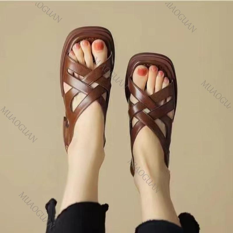 Fashion Retro Weave Sandals for Women Fashion 2025 Summer Shoes Low-heeled Square Toe Beach Shoes Women's Outside Roman Sandales Femmes