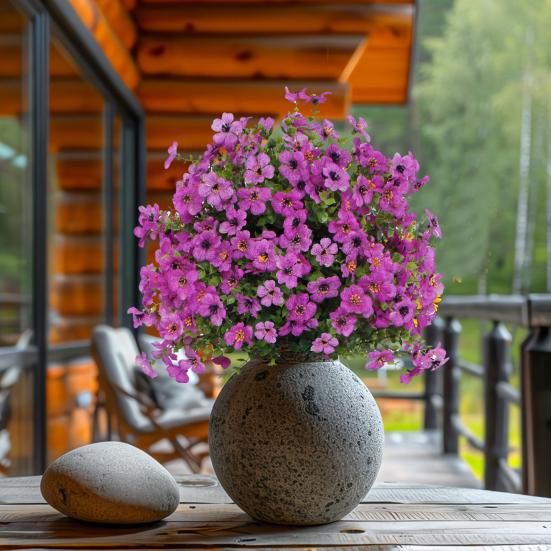 Künstlicher Buchsbaumkugelbaum mit violetten Blüten, Outdoor-Kunststräucher mit Erdspieß, UV-beständige Kunstbüsche zur Dekoration von Veranda, Garten, Pflanzgefäß