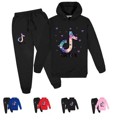 Casual Unisex Children's Sports Suit Kids Long-Sleeved Tik Tok Printed Hoodies + Pants Set Fashion Hooded Pullover Sweater + Pant Trousers