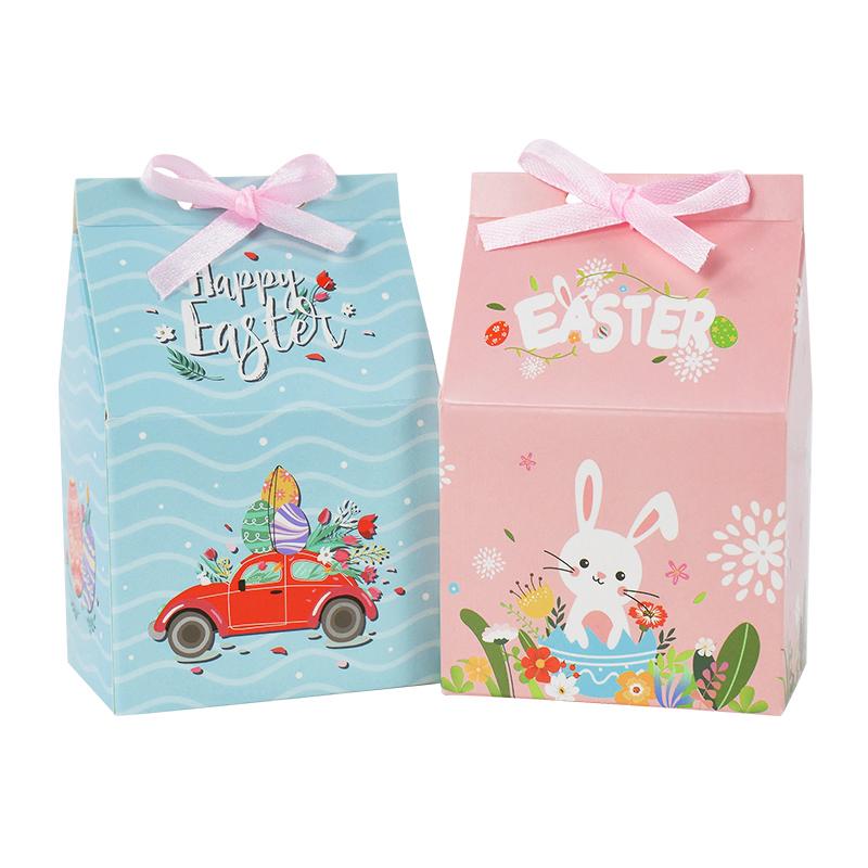 12pcs House Shape Easter Gift Box with Ribbon Cartoon Rabbit Egg Candy Cookie Packing Box Happy Easter Party Decoration Supplies