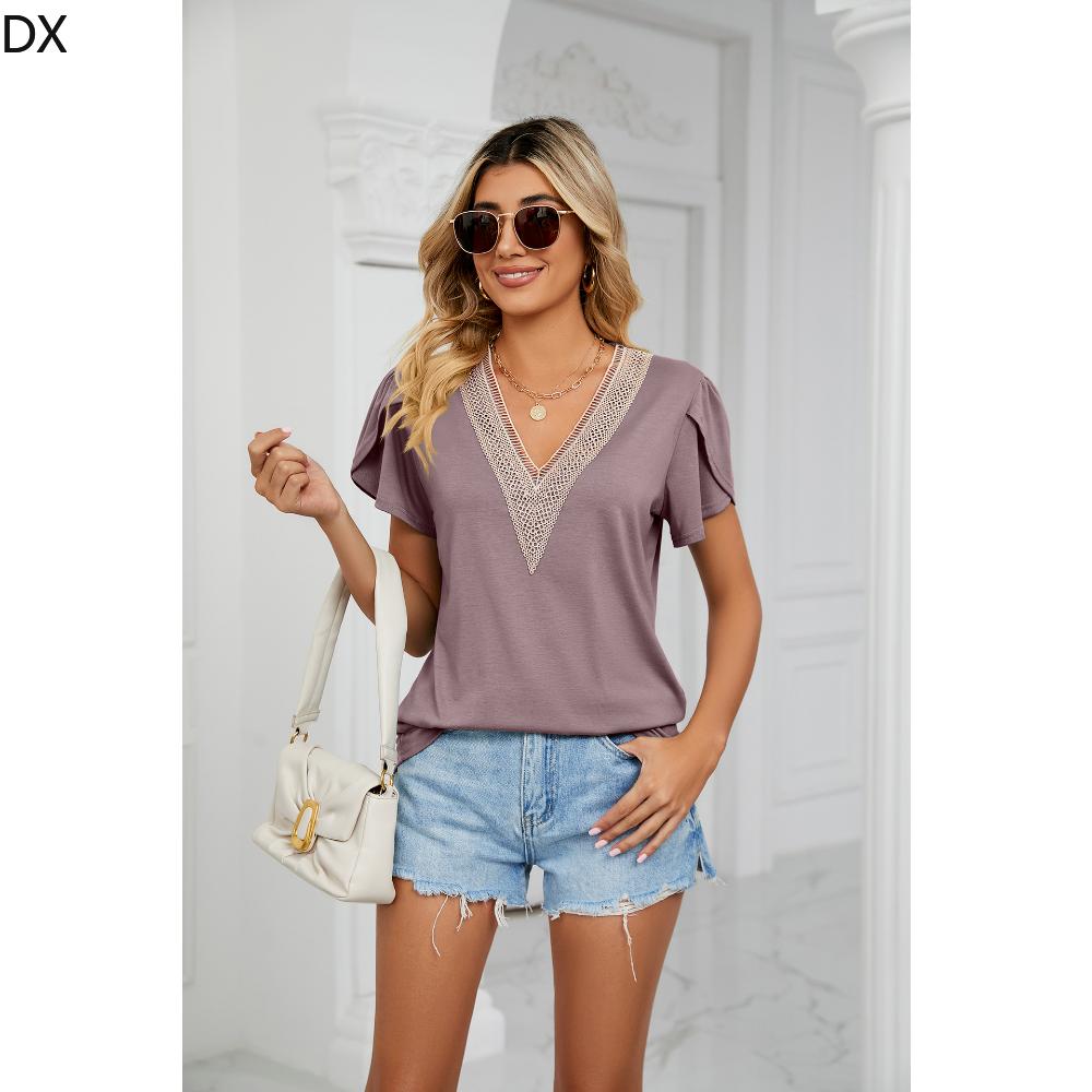 DX весна/лето новая однотонная футболка с короткими рукавами и золотым кружевом — фото 3