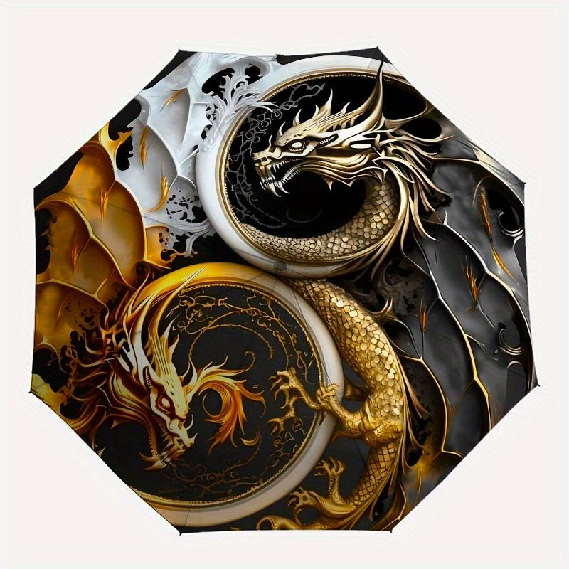 Golden & Silver Dragon Yin Yang Symbol Wall Art Print Umbrella, Cute Umbrella with Cute Design, Portable 3-Fold Compact Umbrella for Men & Women, Vale
