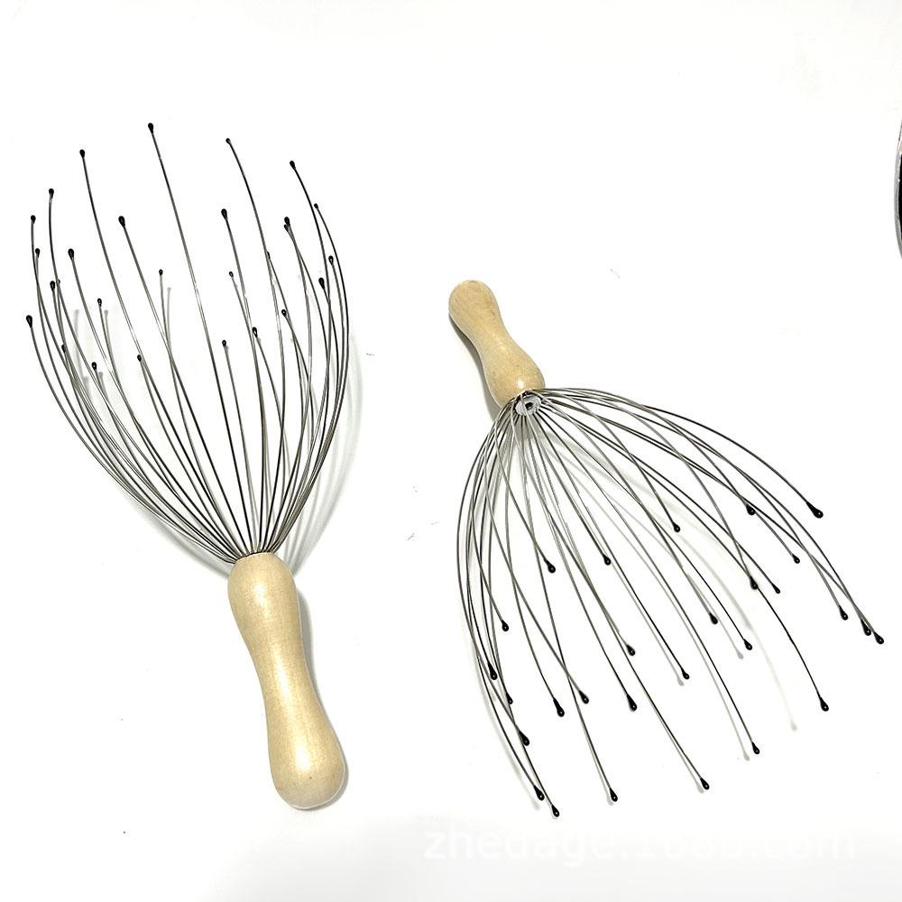 Drewniany masażer do skóry głowy Ośmiornica z 28 kolcami i 24 chwytakami z rączką z litego drewna