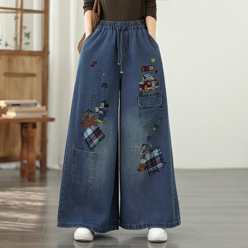 DIMANAF 2025 Plus Size Autumn Jeans New Long Pants Women Embroidery Denim Trousers Big Size Casual Loose