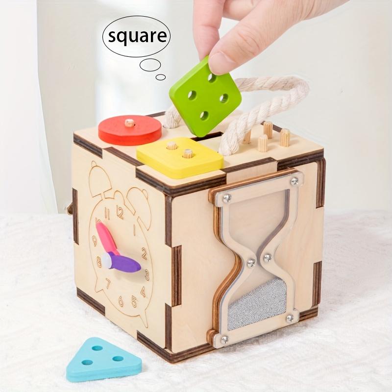 6 Sided Multifunctional Busy Box Recycled Wood Educational Toy for Youngsters 3+ Years, Hand Eye Coordination,Shape/Color Recognition Training