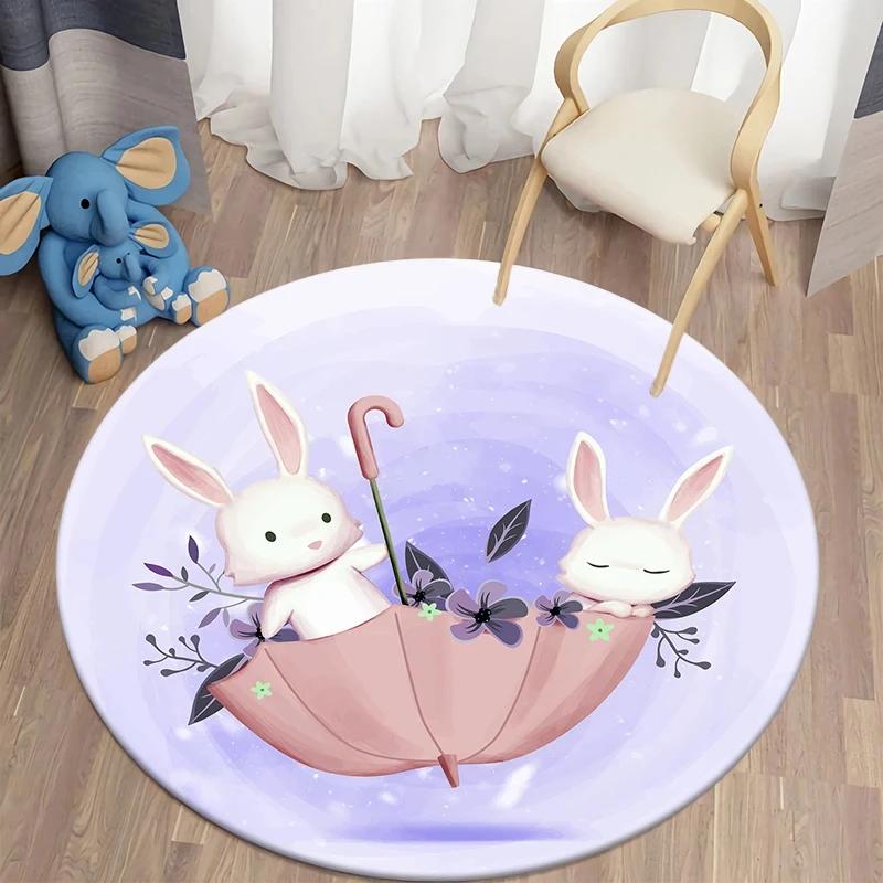 Cartoon Rabbit Girl Animal Flowers Round Carpet Cute Bunny Mouse Circle Rug Home Bedroom Living Room Floor Mat Chair Pad Doormat