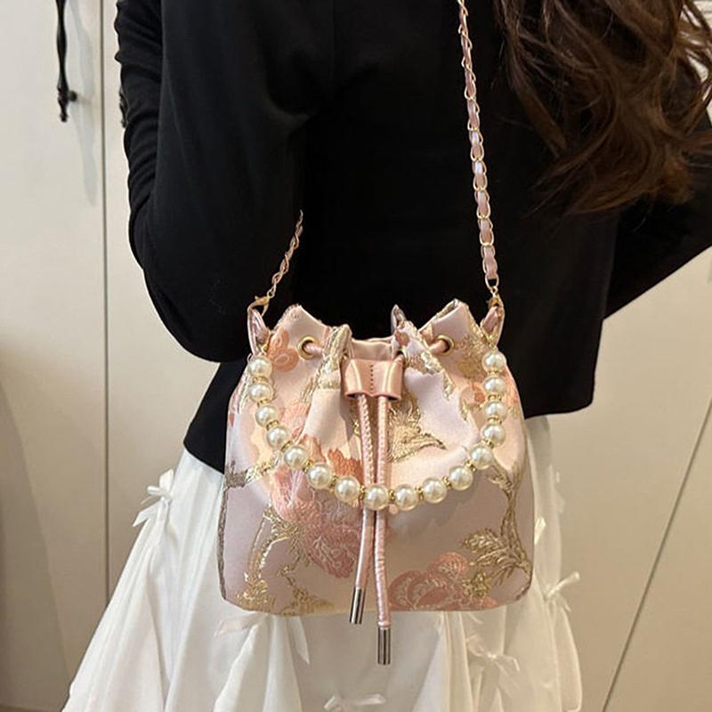 Pearl Chain Bucket Bag Women's Shoulder Bag Simple New Chinese Style Retro Crossbody Bag