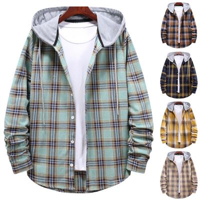 Men Autumn Coat Contrast Color Hooded Plaid Print Casual Drawstring Warm Long Sleeves Single-breasted Shirt Coat for Outdoor