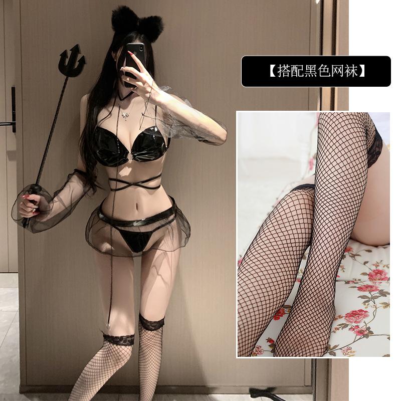 Sex underwear sexy deep V backless perspective skirt hot lacquer leather jacket three-point uniform suit
