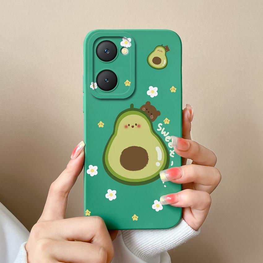 For Vivo Y03t Y02t iQOO U5x Z9 Lite Y400 Pro Y18i Y18t Cute Avocado Pattern Phone Case Lens Protection Liquid Silicone Shockproof Shell For Vivo Cover